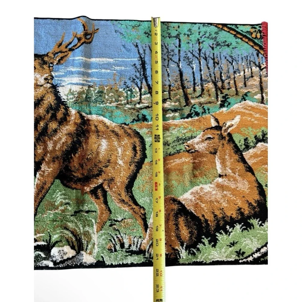 Vintage 1960 Sovali Stag Deer Forest Scene Tapestry Rug Wall Decor France 39x21